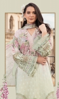Printed lawn front Printed lawn back Printed lawn sleeves Printed tissue silk dupatta Printed cambric trouser Embroidered ghera patch Embroidered ghera lace Embroidered sleeve patch Embroidered sleeve lace Embroidered neckline lace