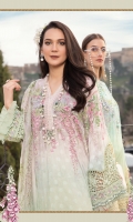 Printed lawn front Printed lawn back Printed lawn sleeves Printed tissue silk dupatta Printed cambric trouser Embroidered ghera patch Embroidered ghera lace Embroidered sleeve patch Embroidered sleeve lace Embroidered neckline lace