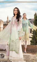 Printed lawn front Printed lawn back Printed lawn sleeves Printed tissue silk dupatta Printed cambric trouser Embroidered ghera patch Embroidered ghera lace Embroidered sleeve patch Embroidered sleeve lace Embroidered neckline lace