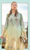 Printed lawn front Printed lawn back Printed lawn sleeves Printed tissue silk dupatta Printed cambric trouser Embroidered ghera patch Embroidered ghera lace Embroidered sleeve patch Embroidered sleeve lace Embroidered neckline lace