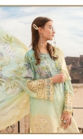 Printed lawn front Printed lawn back Printed lawn sleeves Printed tissue silk dupatta Printed cambric trouser Embroidered ghera patch Embroidered ghera lace Embroidered sleeve patch Embroidered sleeve lace Embroidered neckline lace