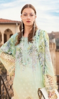 Printed lawn front Printed lawn back Printed lawn sleeves Printed tissue silk dupatta Printed cambric trouser Embroidered ghera patch Embroidered ghera lace Embroidered sleeve patch Embroidered sleeve lace Embroidered neckline lace