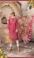 Embroidered Pima lawn front 3 pieces Printed lawn back Dyed lawn sleeves Printed tissue silk dupatta Printed cambric trouser Embroidered organza sleeve lace Embroidered organza sleeve patch 2 pieces