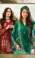 Printed lawn front Printed lawn back Embroidered lawn centre panel Printed lawn sleeves Embroidered net sleeve Border Dyed lawn trouser Jacquard dupatta