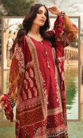 Printed lawn front Printed lawn back Embroidered lawn centre panel Printed lawn sleeves Embroidered net sleeve Border Dyed lawn trouser Jacquard dupatta