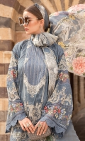 Printed lawn front Printed lawn back Printed lawn sleeves Printed cambric trouser Printed tissue silk dupatta Embroidered organza sleeves patch 2 pieces Embroidered organza sleeves patch 2 pieces Embroidered Lawn Center Panel Embroidered organza sleeves lace Embroidered organza ghera lace