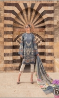 Printed lawn front Printed lawn back Printed lawn sleeves Printed cambric trouser Printed tissue silk dupatta Embroidered organza sleeves patch 2 pieces Embroidered organza sleeves patch 2 pieces Embroidered Lawn Center Panel Embroidered organza sleeves lace Embroidered organza ghera lace