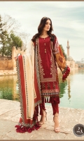 Printed lawn front Printed lawn back Embroidered lawn centre panel Printed lawn sleeves Embroidered net sleeve Border Dyed lawn trouser Jacquard dupatta