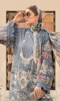 Printed lawn front Printed lawn back Printed lawn sleeves Printed cambric trouser Printed tissue silk dupatta Embroidered organza sleeves patch 2 pieces Embroidered organza sleeves patch 2 pieces Embroidered Lawn Center Panel Embroidered organza sleeves lace Embroidered organza ghera lace