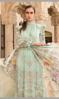Printed lawn front Printed lawn back Printed lawn sleeves Printed cambric trouser Printed tissue silk dupatta Embroidered organza sleeves patch 2 pieces Embroidered organza sleeves patch 2 pieces Embroidered Lawn Center Panel Embroidered organza sleeves lace Embroidered organza ghera lace
