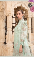 Printed lawn front Printed lawn back Printed lawn sleeves Printed cambric trouser Printed tissue silk dupatta Embroidered organza sleeves patch 2 pieces Embroidered organza sleeves patch 2 pieces Embroidered Lawn Center Panel Embroidered organza sleeves lace Embroidered organza ghera lace