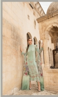 Printed lawn front Printed lawn back Printed lawn sleeves Printed cambric trouser Printed tissue silk dupatta Embroidered organza sleeves patch 2 pieces Embroidered organza sleeves patch 2 pieces Embroidered Lawn Center Panel Embroidered organza sleeves lace Embroidered organza ghera lace