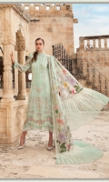 Printed lawn front Printed lawn back Printed lawn sleeves Printed cambric trouser Printed tissue silk dupatta Embroidered organza sleeves patch 2 pieces Embroidered organza sleeves patch 2 pieces Embroidered Lawn Center Panel Embroidered organza sleeves lace Embroidered organza ghera lace