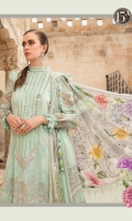 Printed lawn front Printed lawn back Printed lawn sleeves Printed cambric trouser Printed tissue silk dupatta Embroidered organza sleeves patch 2 pieces Embroidered organza sleeves patch 2 pieces Embroidered Lawn Center Panel Embroidered organza sleeves lace Embroidered organza ghera lace