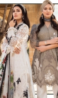 Schiffli embroidered lawn front Printed lawn back Chiffon embroidered sleeves Embroidered ghera patch Embroidered organza patch with 3D floral work Embroidered lawn sleeves patch Emboss Printed trouser organza lace Printed cambric trouser Printed tissue silk dupatta Embroidered shoulder lace Embroidered organza sleeve lace