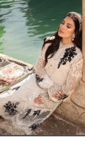 Schiffli embroidered lawn front Printed lawn back Chiffon embroidered sleeves Embroidered ghera patch Embroidered organza patch with 3D floral work Embroidered lawn sleeves patch Emboss Printed trouser organza lace Printed cambric trouser Printed tissue silk dupatta Embroidered shoulder lace Embroidered organza sleeve lace