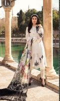 Schiffli embroidered lawn front Printed lawn back Chiffon embroidered sleeves Embroidered ghera patch Embroidered organza patch with 3D floral work Embroidered lawn sleeves patch Emboss Printed trouser organza lace Printed cambric trouser Printed tissue silk dupatta Embroidered shoulder lace Embroidered organza sleeve lace