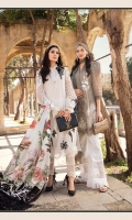 Schiffli embroidered lawn front Printed lawn back Chiffon embroidered sleeves Embroidered ghera patch Embroidered organza patch with 3D floral work Embroidered lawn sleeves patch Emboss Printed trouser organza lace Printed cambric trouser Printed tissue silk dupatta Embroidered shoulder lace Embroidered organza sleeve lace