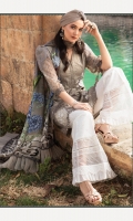 Schiffli embroidered lawn front Printed lawn back Chiffon embroidered sleeves Embroidered ghera patch Embroidered organza patch with 3D floral work Embroidered lawn sleeves patch Emboss Printed trouser organza lace Printed cambric trouser Printed tissue silk dupatta Embroidered shoulder lace Embroidered organza sleeve lace