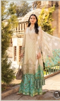 Brochia lawn shirt Organza jacquard dupatta Printed cambric trouser Printed dupatta pallu patch 2 pieces Embroidered organza ghera patch I Embroidered organza side slit patches 2 pieces Embroidered organza sleeve patch 2 pieces Embroidered organza sleeve lace Schiffli embroidered ghera and sleeve lace