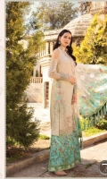 Brochia lawn shirt Organza jacquard dupatta Printed cambric trouser Printed dupatta pallu patch 2 pieces Embroidered organza ghera patch I Embroidered organza side slit patches 2 pieces Embroidered organza sleeve patch 2 pieces Embroidered organza sleeve lace Schiffli embroidered ghera and sleeve lace