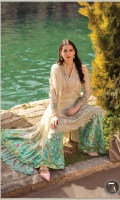 Brochia lawn shirt Organza jacquard dupatta Printed cambric trouser Printed dupatta pallu patch 2 pieces Embroidered organza ghera patch I Embroidered organza side slit patches 2 pieces Embroidered organza sleeve patch 2 pieces Embroidered organza sleeve lace Schiffli embroidered ghera and sleeve lace