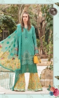 Brochia lawn shirt Organza jacquard dupatta Printed cambric trouser Printed dupatta pallu patch 2 pieces Embroidered organza ghera patch I Embroidered organza side slit patches 2 pieces Embroidered organza sleeve patch 2 pieces Embroidered organza sleeve lace Schiffli embroidered ghera and sleeve lace
