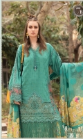 Brochia lawn shirt Organza jacquard dupatta Printed cambric trouser Printed dupatta pallu patch 2 pieces Embroidered organza ghera patch I Embroidered organza side slit patches 2 pieces Embroidered organza sleeve patch 2 pieces Embroidered organza sleeve lace Schiffli embroidered ghera and sleeve lace