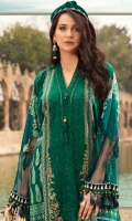 Printed lawn front Printed lawn back Embroidered lawn centre panel Printed lawn sleeves Embroidered net sleeve Border Dyed lawn trouser Jacquard dupatta
