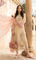 Embroidered brochia lawn front Printed lawn back Plain lawn brochia side panels and sleeves Printed cambric trouser Jacquard dupatta Embroidered organza sleeve lace I Embroidered organza lace II Embroidered organza ghera patch
