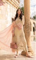 Embroidered brochia lawn front Printed lawn back Plain lawn brochia side panels and sleeves Printed cambric trouser Jacquard dupatta Embroidered organza sleeve lace I Embroidered organza lace II Embroidered organza ghera patch