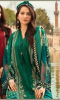 Printed lawn front Printed lawn back Embroidered lawn centre panel Printed lawn sleeves Embroidered net sleeve Border Dyed lawn trouser Jacquard dupatta