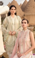 Yarn dyed woven shirt Embroidered net dupatta Printed cambric trouser Embroidered sleeve lace Embroidered organza neckline lace Embroidered ghera patch Embroidered ghera lace
