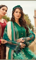 Printed lawn front Printed lawn back Embroidered lawn centre panel Printed lawn sleeves Embroidered net sleeve Border Dyed lawn trouser Jacquard dupatta