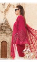 Schiffli embroidered lawn front Printed lawn back Schiffli embroidered lawn sleeves Embossed printed net dupatta Printed border dupatta Printed cambric trouser Embroidered organza neckline Lace Embroidered organza ghera motif I Embroidered organza ghera motifs 2 pcs Embroidered organza sleeve patches Embroidered organza ghera Lace & Neckline Plain organza ghera patch