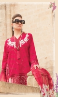 Schiffli embroidered lawn front Printed lawn back Schiffli embroidered lawn sleeves Embossed printed net dupatta Printed border dupatta Printed cambric trouser Embroidered organza neckline Lace Embroidered organza ghera motif I Embroidered organza ghera motifs 2 pcs Embroidered organza sleeve patches Embroidered organza ghera Lace & Neckline Plain organza ghera patch