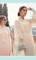 Embroidered lawn brochia front Lawn brochia back Embroidered Lawn brochia sleeves Organza jacquard dupatta Printed cambric trouser Embroidered organza ghera lace Embroidered organza neckline Lace Embroidered organza sleeve lace