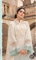 Embroidered lawn brochia front Lawn brochia back Embroidered Lawn brochia sleeves Organza jacquard dupatta Printed cambric trouser Embroidered organza ghera lace Embroidered organza neckline Lace Embroidered organza sleeve lace