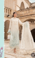 Embroidered lawn brochia front Lawn brochia back Embroidered Lawn brochia sleeves Organza jacquard dupatta Printed cambric trouser Embroidered organza ghera lace Embroidered organza neckline Lace Embroidered organza sleeve lace