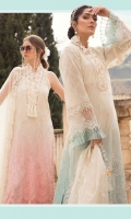 Embroidered lawn brochia front Lawn brochia back Embroidered Lawn brochia sleeves Organza jacquard dupatta Printed cambric trouser Embroidered organza ghera lace Embroidered organza neckline Lace Embroidered organza sleeve lace