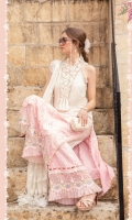 Embroidered lawn brochia front Lawn brochia back Embroidered Lawn brochia sleeves Organza jacquard dupatta Printed cambric trouser Embroidered organza ghera lace Embroidered organza neckline Lace Embroidered organza sleeve lace