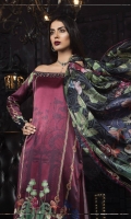 Digital printed pure charmeuse silk front and back 2.5m Digital printed sleeves 0.65m Digital printed silk dupatta 2.5m Dyed cotton satin trouser 2.5m Embroidered and embellished neckline