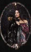 Digital printed pure charmeuse silk front and back 2.5m Digital printed sleeves 0.65m Digital printed silk dupatta 2.5m Dyed cotton satin trouser 2.5m Embroidered and embellished neckline