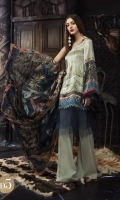 Digital printed pure charmeuse silk front and back 2.5m Digital printed sleeves 0.65m Digital printed silk dupatta 2.5m Dyed cotton satin trouser 2.5m Embellished brooch 1 piece