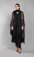 Shirt fabric: Organza Undershirt fabric: Cotton satin Trouser fabric: Cotton satin Dupatta fabric: Organza Straight front open long shirt with embroidered front sleeves and hem paired with matching embroidered trouser and all over embroidered dupatta