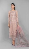 4 Piece Shirt fabric: Organza Under shirt fabric: Cotton satin Trouser fabric: cotton satin Dupatta fabric: Printed organza Organza long embroidered shirt with embroidered sleeves paired with matching straight pants and digital printed dupatta.