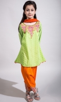 3 piece frock, Shalwar and Dupatta Lime green Doria Screen Printed Frock with Chikan Sleeves