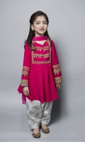 3 Piece Frock, Shalwar And Dupatta Pink Cambric Frock With Embroidered Neckline And Sleeves White Screen Printed Shalwar Embellished With Coins And Buttons
