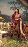 Embroidered front (karandi) Embroidered side extensions (karandi) Embroidered sleeve (karandi) Plain back (karandi) Embroidered motif for back (organza) Embroidered front border (satin) Embroidered Hem border (satin) Embroidered border for sleeves (satin) Dyed trouser 2.5MTR Medium silk Dupatta 2.5MTR