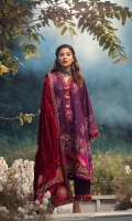 Bored Embroidered front (khaddar) Bored Embroidered sleeves Shiffli Embroidered back Embroidered border for front and sleeves Embroidered neckline patti Velvet Embroidered shawl with the appliqué of silk Four sided Embroidered border on velvet for shawl Dyed trouser khaddar 2.5MTR